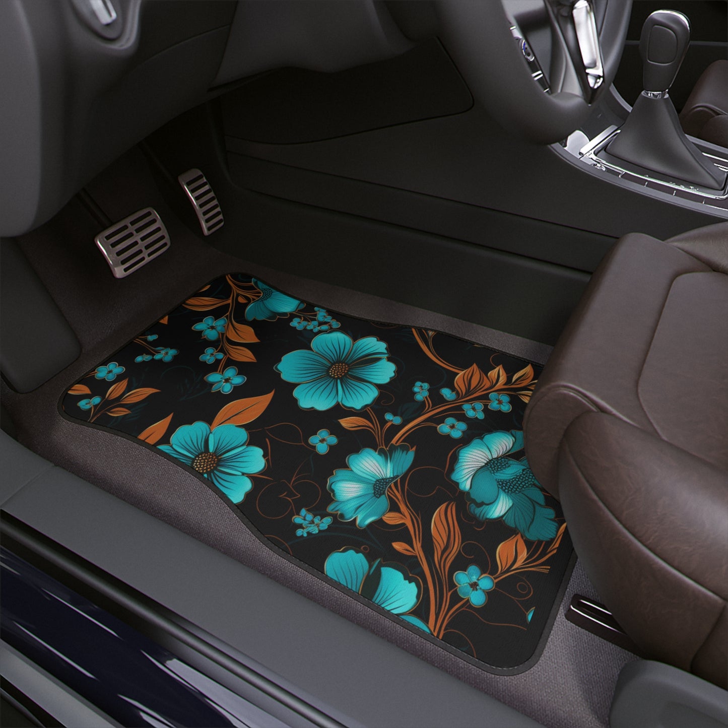 Turquoise Floral Floor Mats, 1pc