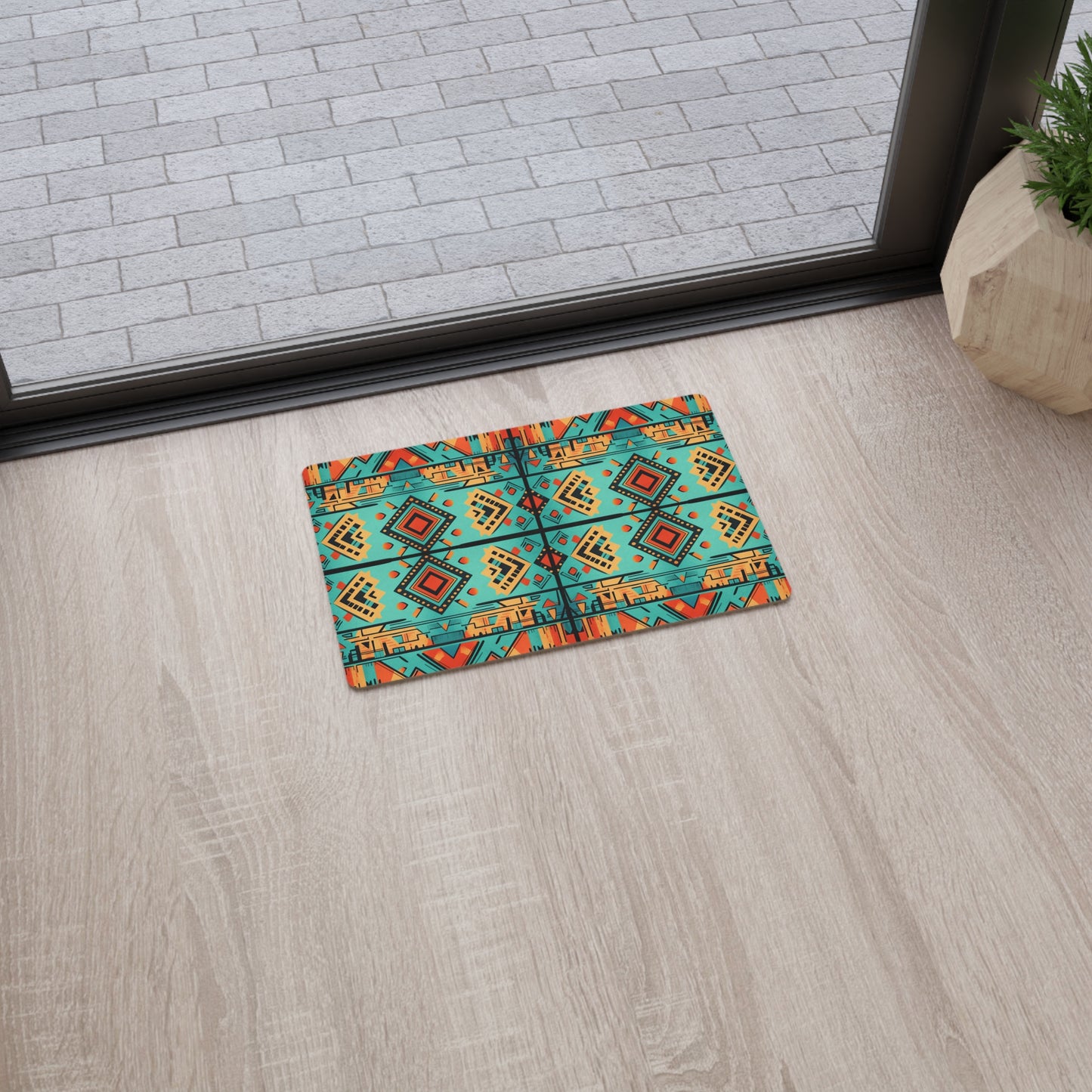 Turquoise and Orange Geometric Floor Mat
