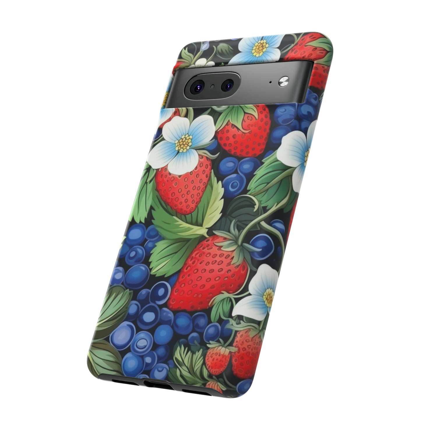 Strawberries and Blueberries on Black phone case