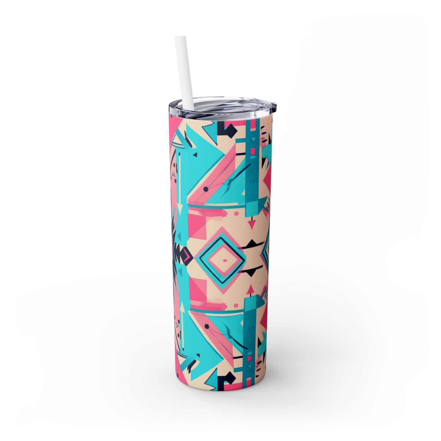 Pink and Turquoise Geometric Skinny Tumbler with Straw, 20oz