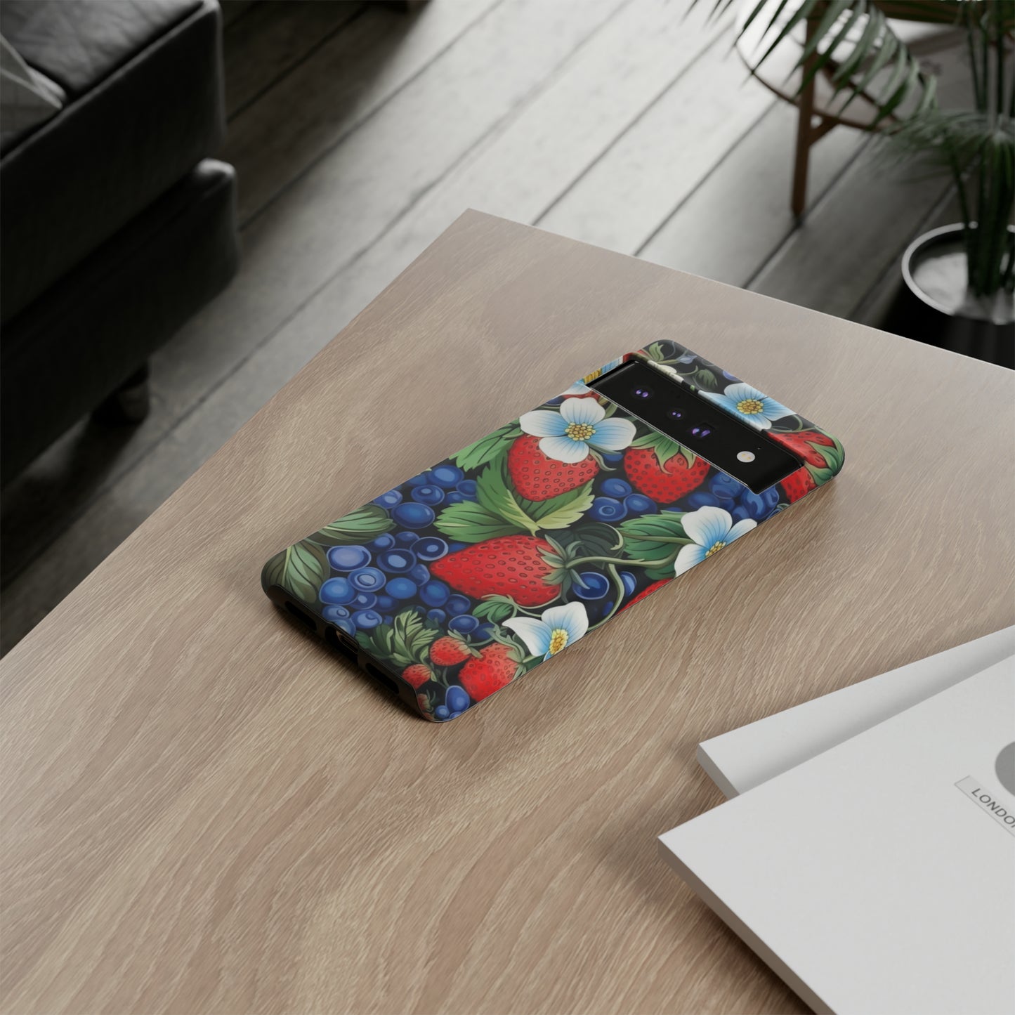 Strawberries and Blueberries on Black phone case