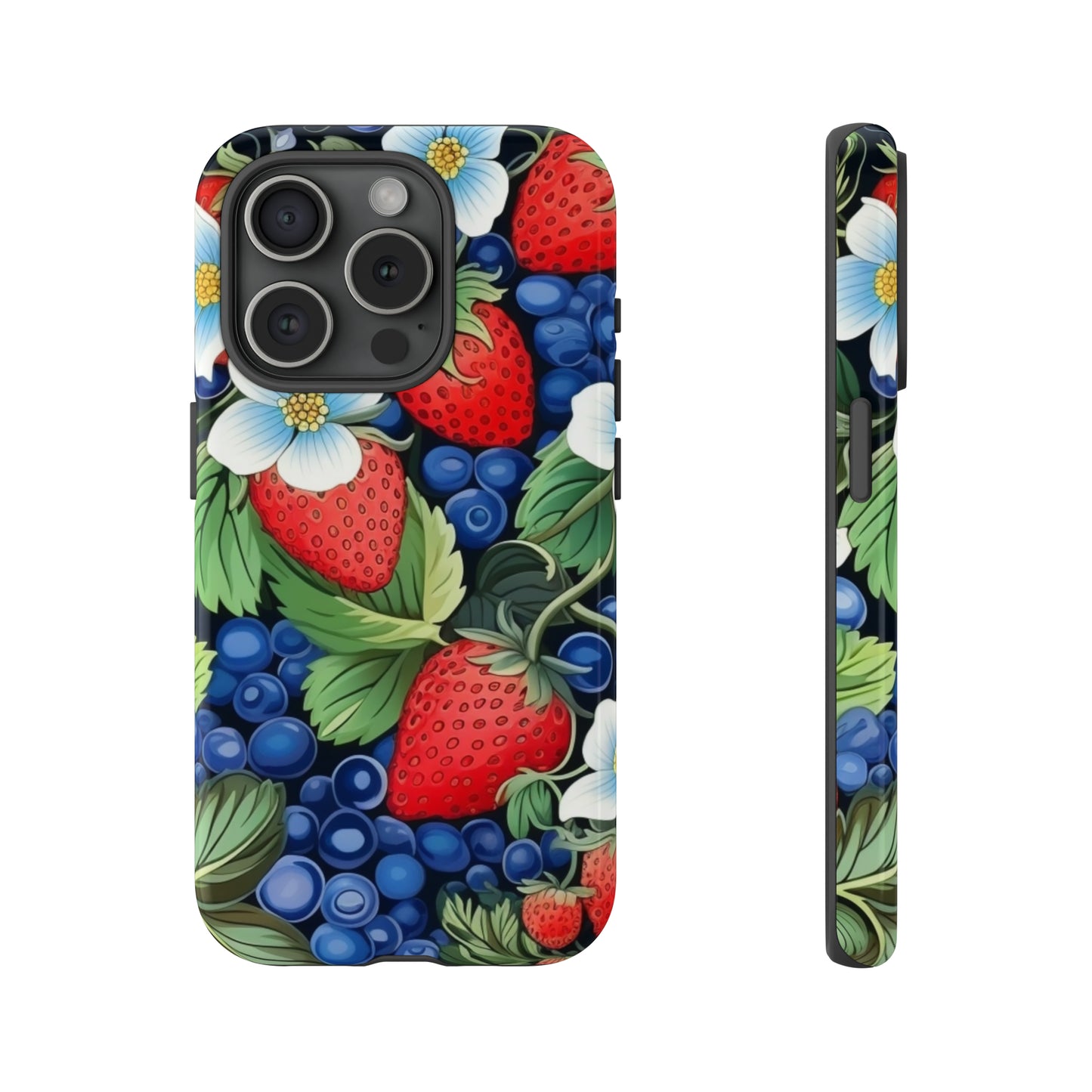 Strawberries and Blueberries on Black phone case