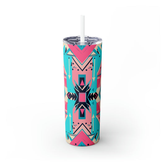 Pink and Turquoise Geometric Skinny Tumbler with Straw, 20oz