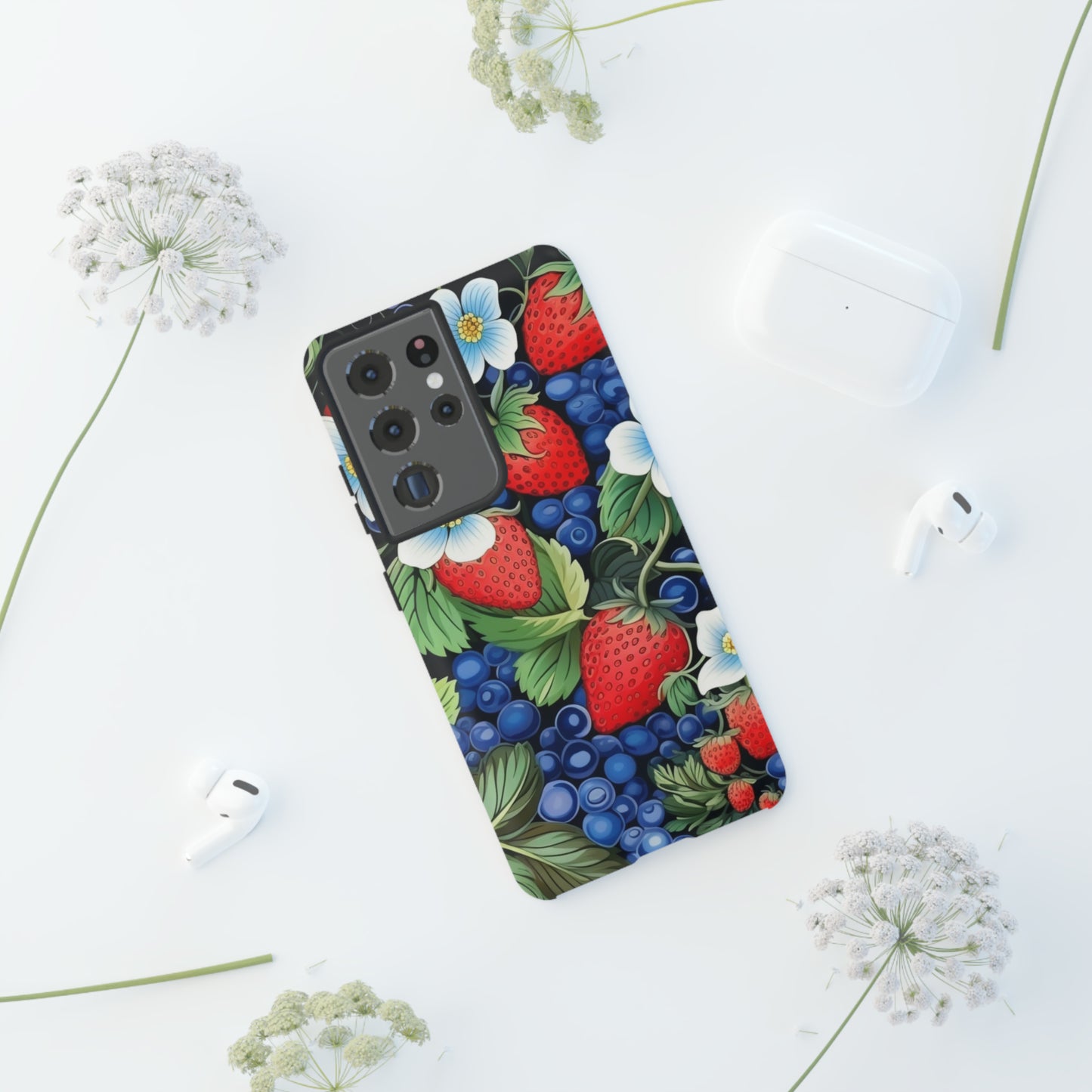 Strawberries and Blueberries on Black phone case