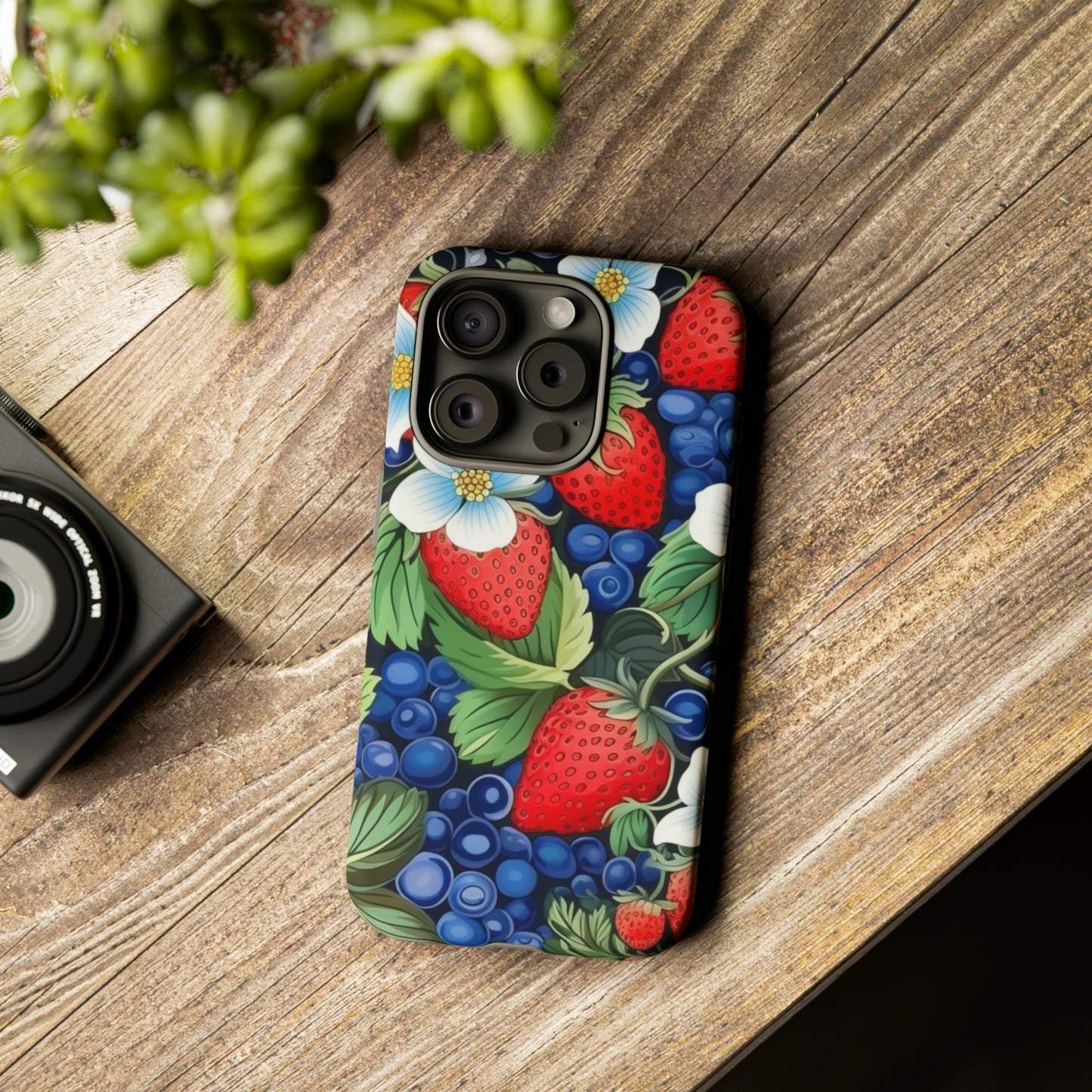 Strawberries and Blueberries on Black phone case