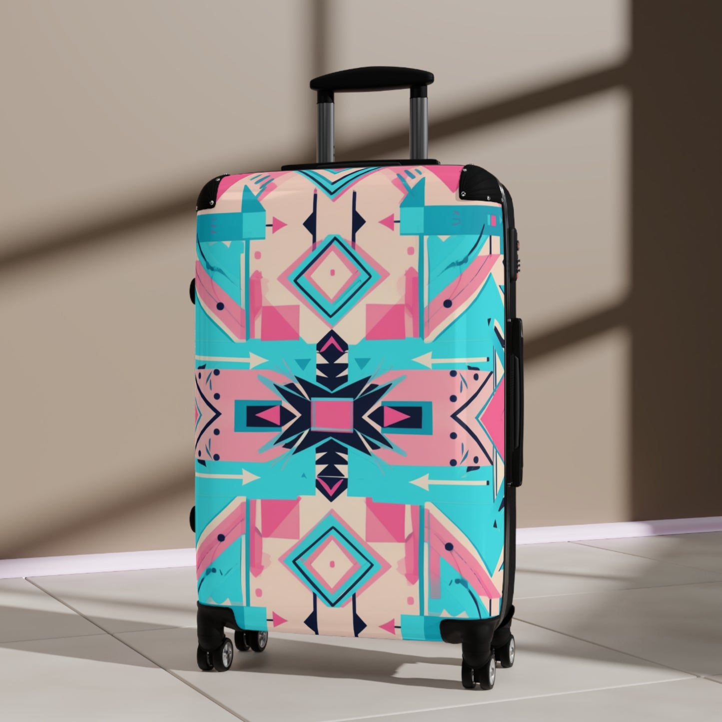 Pink and Turquoise Geometric Suitcase