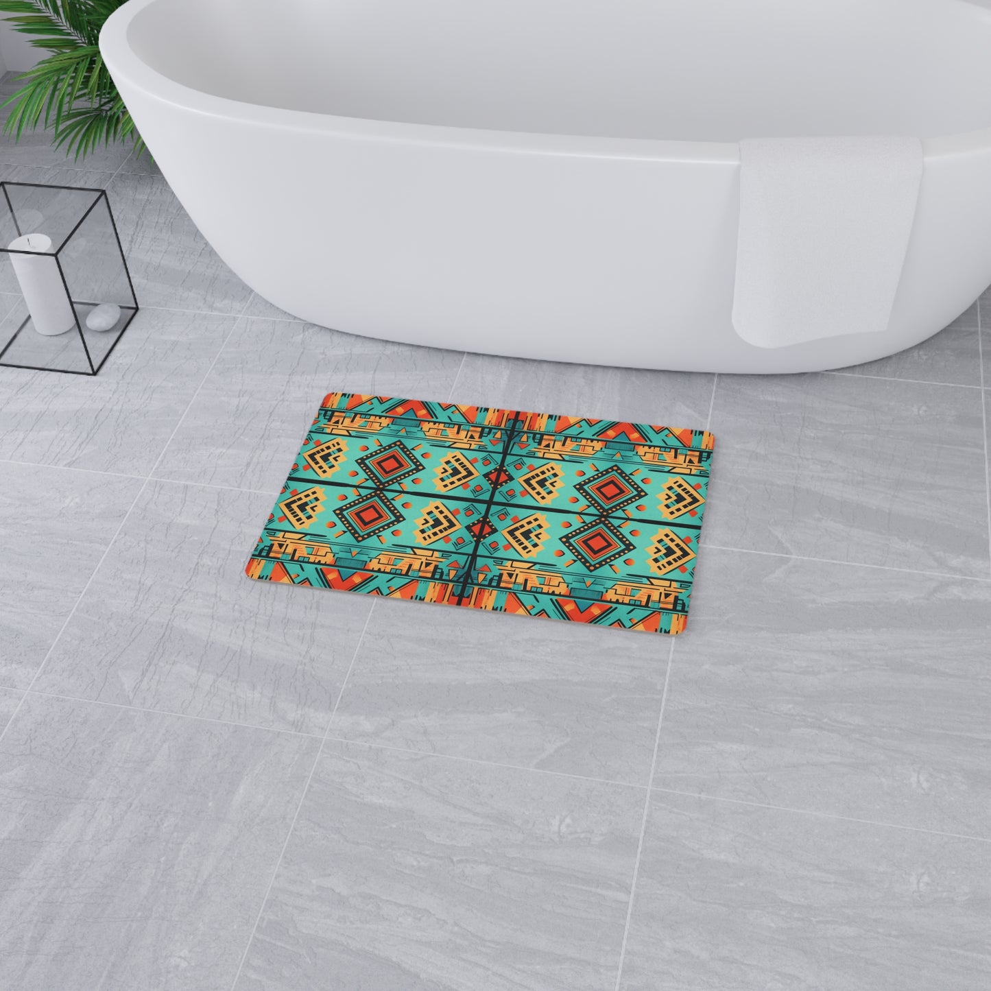 Turquoise and Orange Geometric Floor Mat