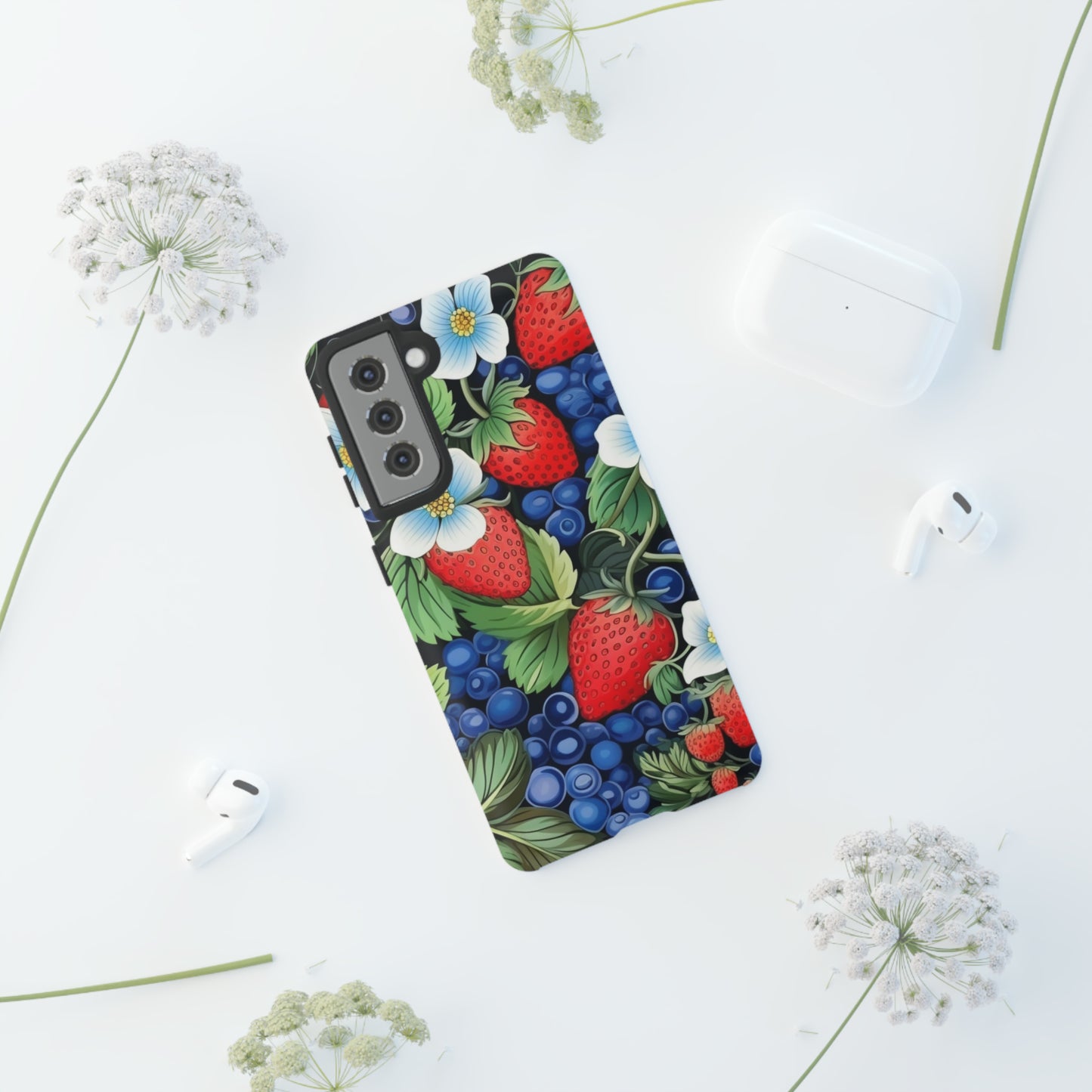 Strawberries and Blueberries on Black phone case