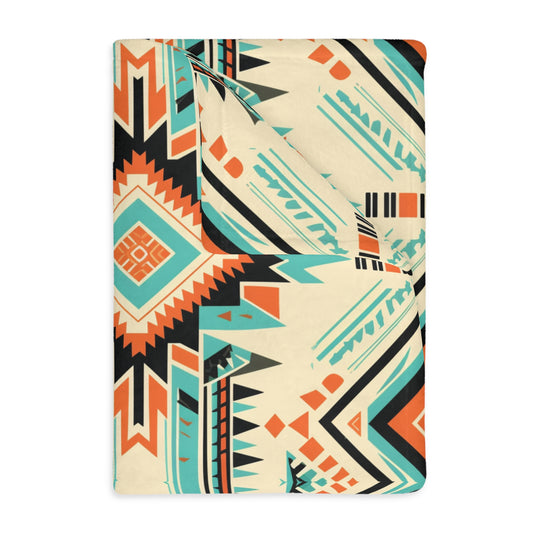 White, Orange and Turquoise Geometric Velveteen Minky Blanket (Two-sided print)