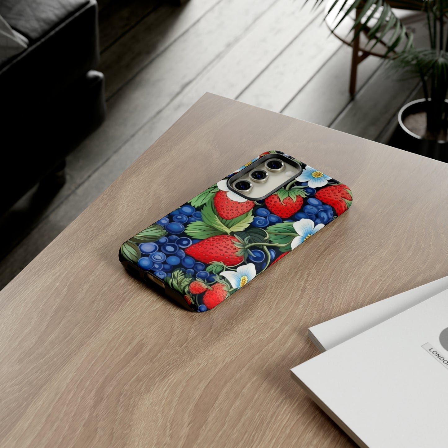 Strawberries and Blueberries on Black phone case