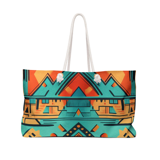 Turquoise and Orange Geometric Weekender Bag