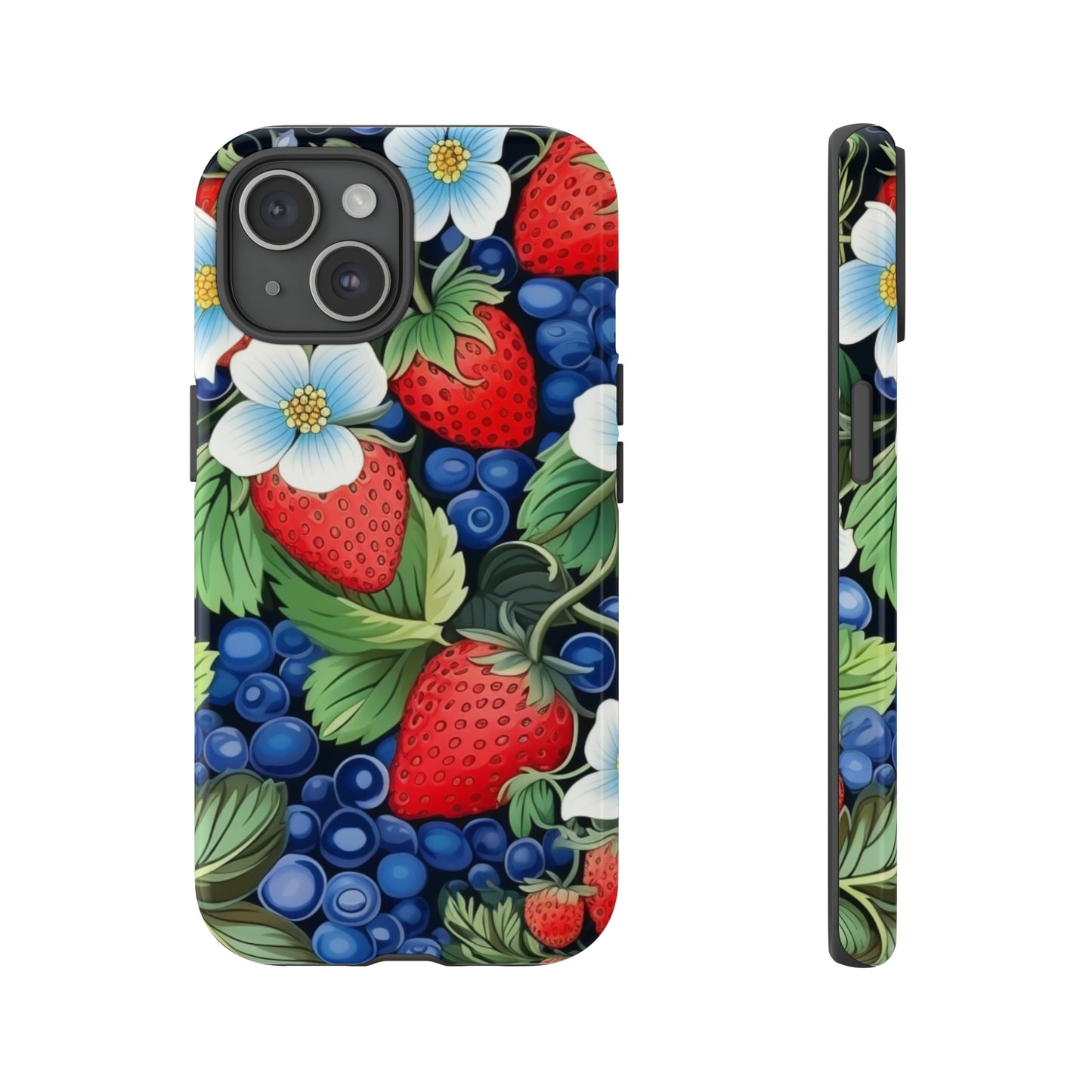 Strawberries and Blueberries on Black phone case