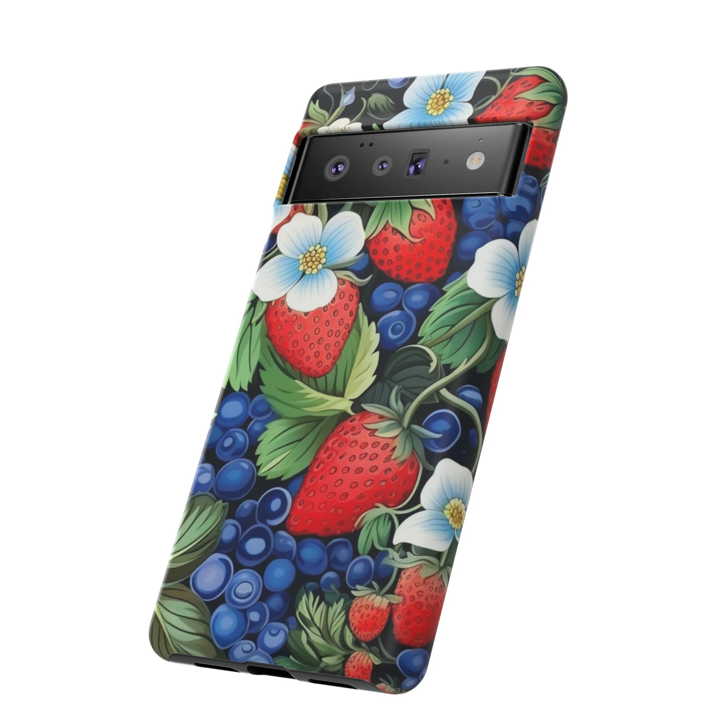 Strawberries and Blueberries on Black phone case