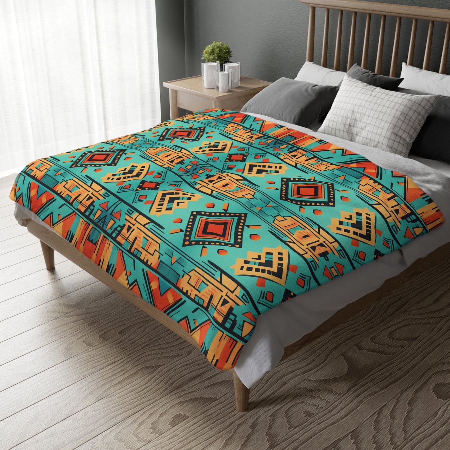 Turquoise and Orange Geometric Velveteen Minky Blanket (Two-sided print)