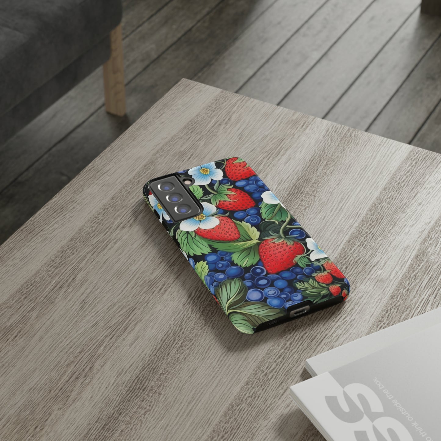 Strawberries and Blueberries on Black phone case