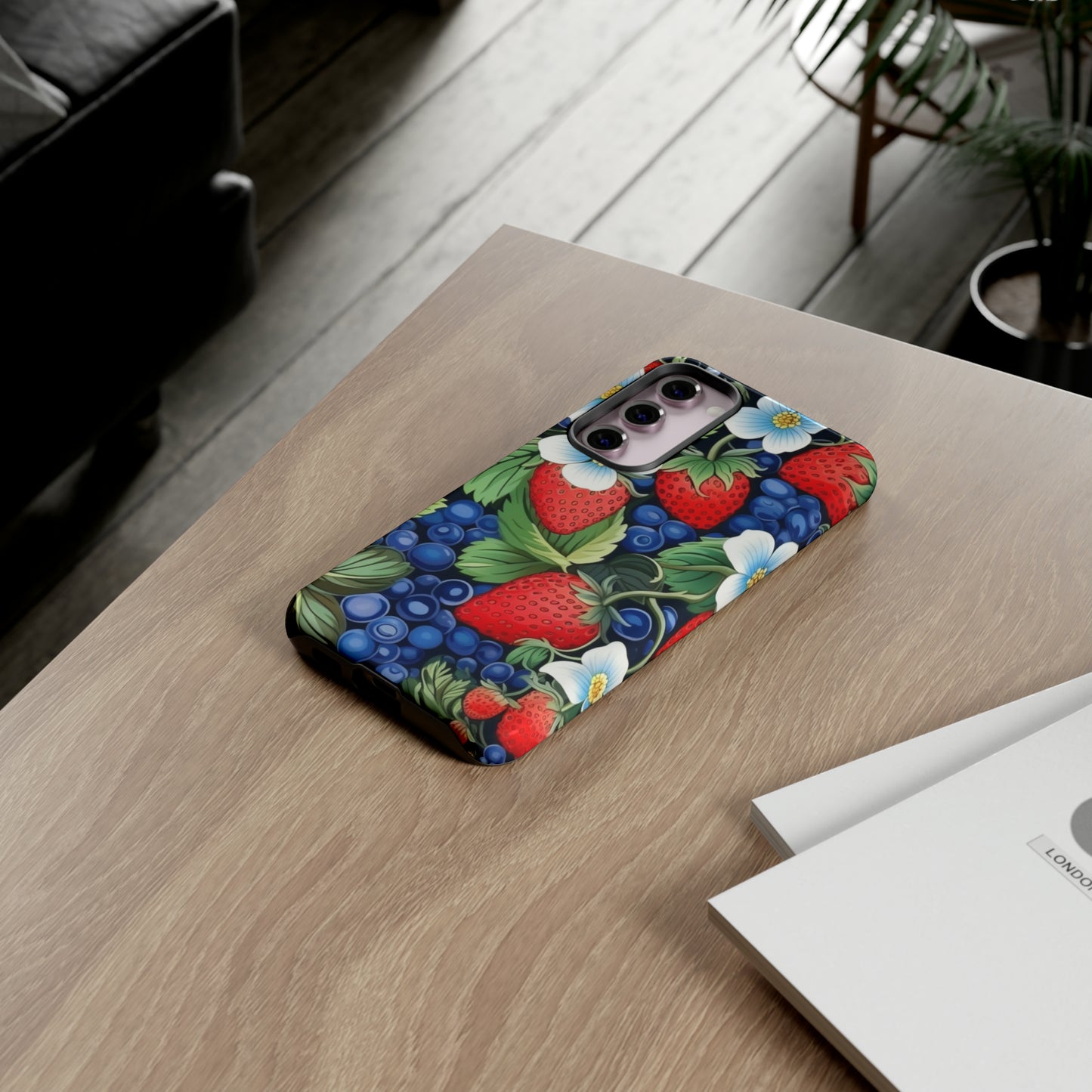 Strawberries and Blueberries on Black phone case