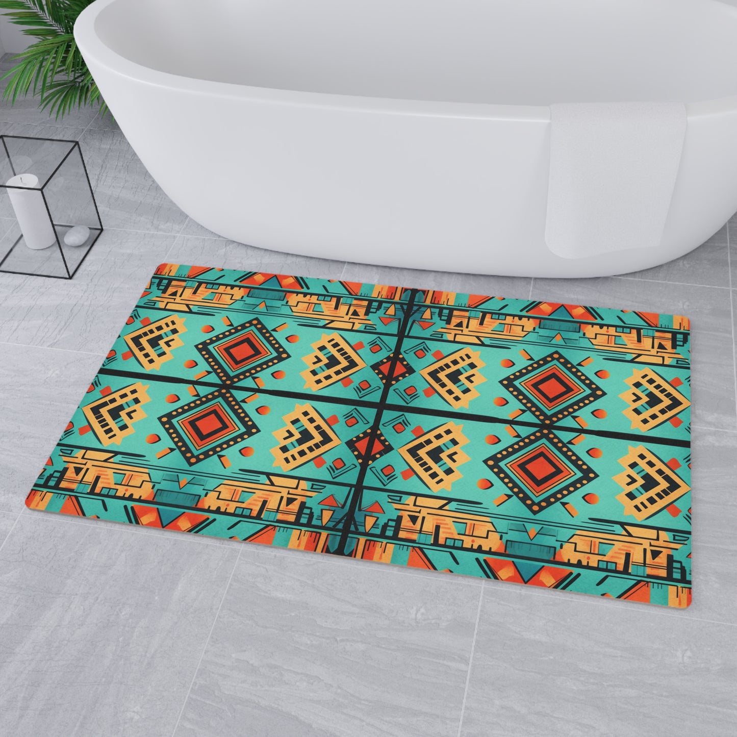 Turquoise and Orange Geometric Floor Mat