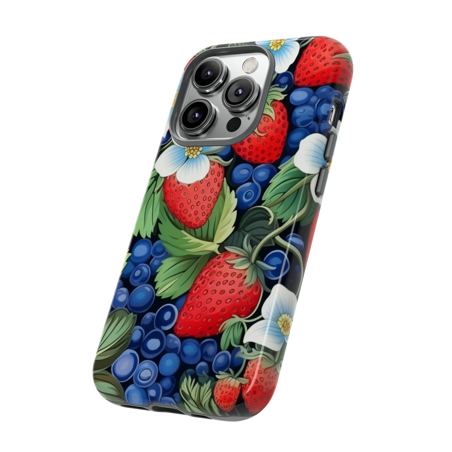 Strawberries and Blueberries on Black phone case