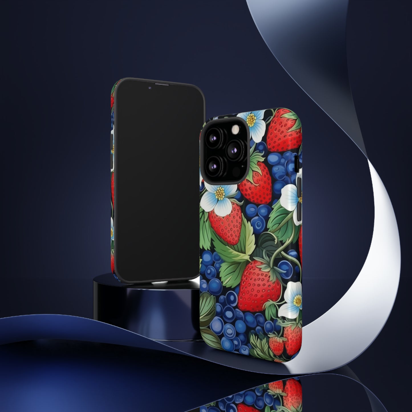 Strawberries and Blueberries on Black phone case