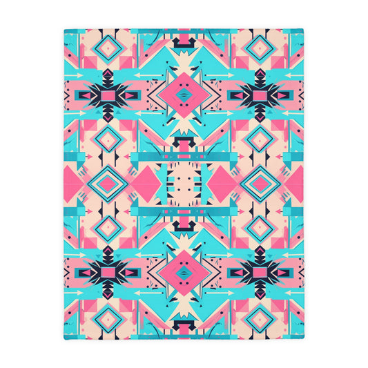 Large Pink and Turquoise Geometric Velveteen Minky Blanket (Two-sided print)