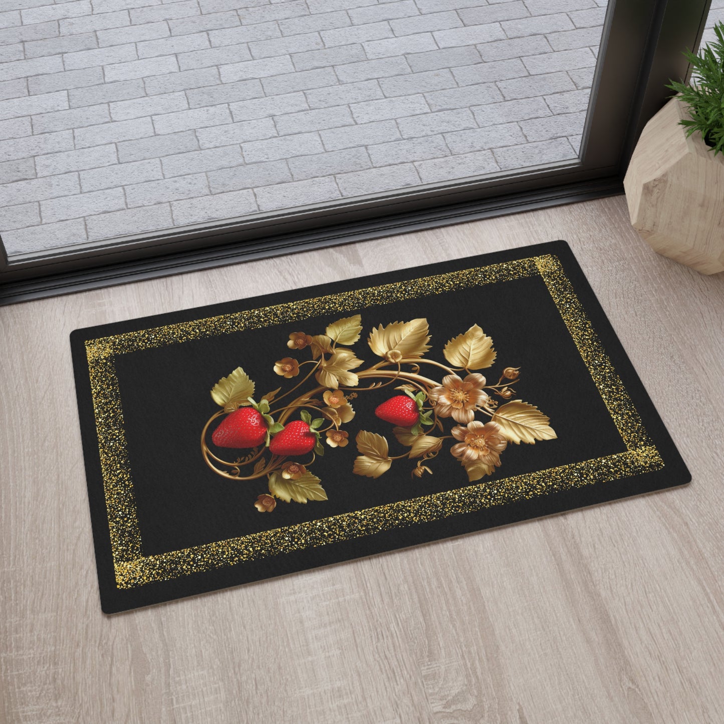 Black and Gold Floral Floor Mat