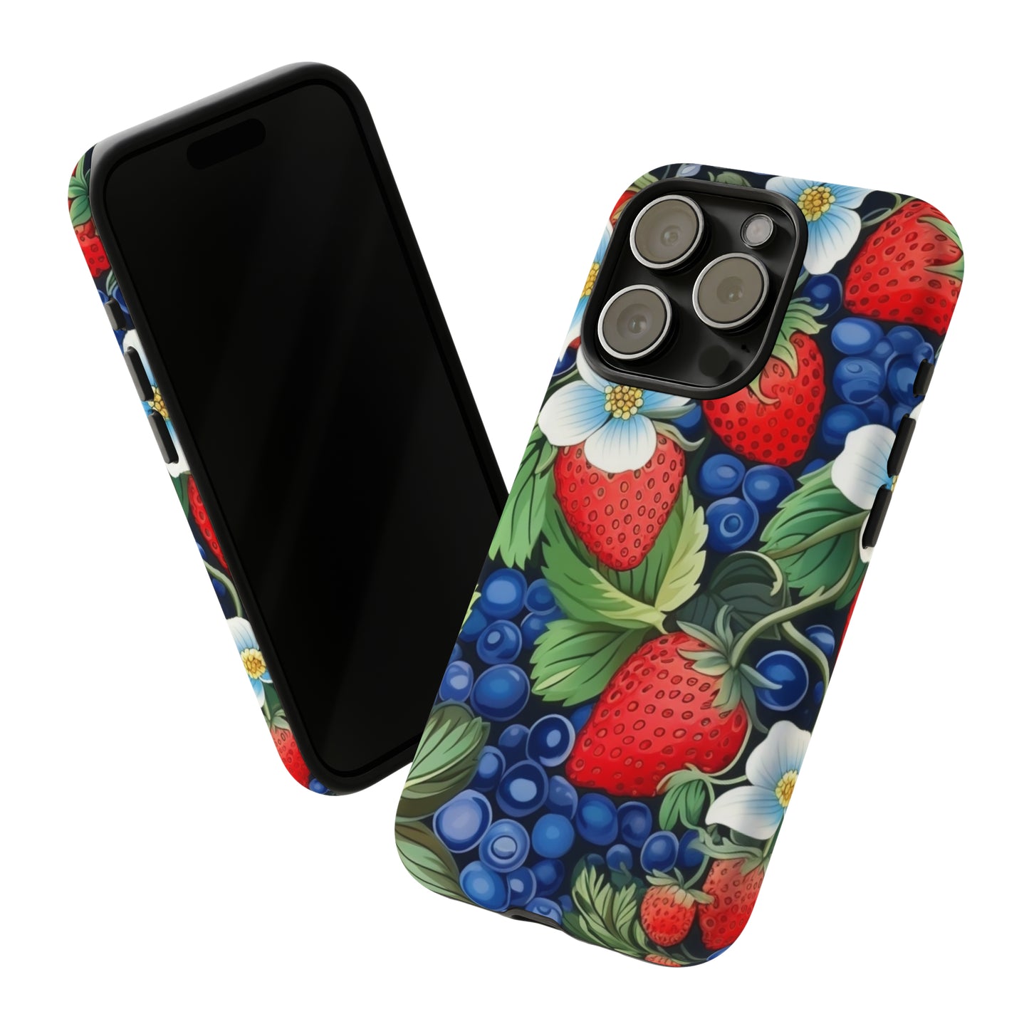 Strawberries and Blueberries on Black phone case