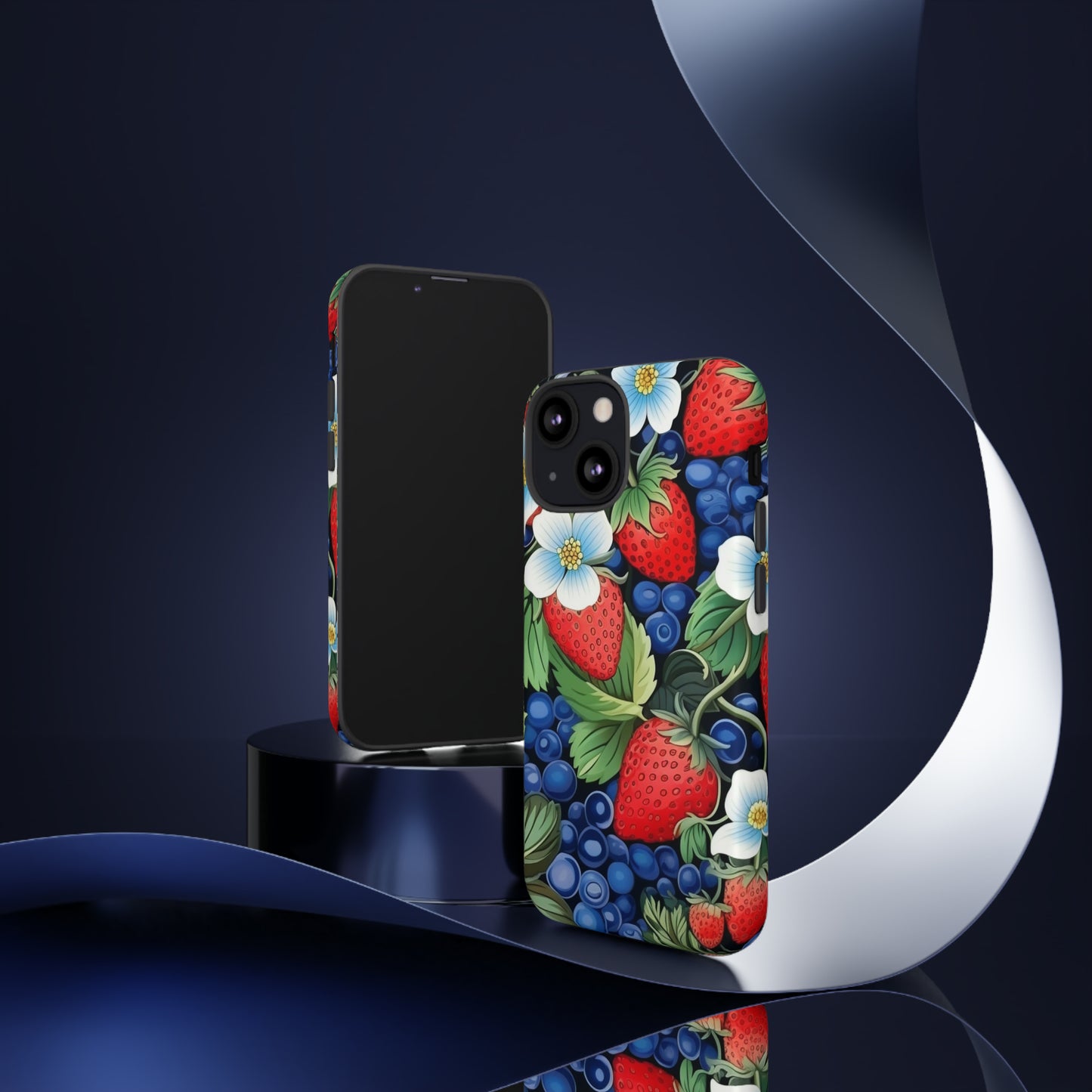 Strawberries and Blueberries on Black phone case