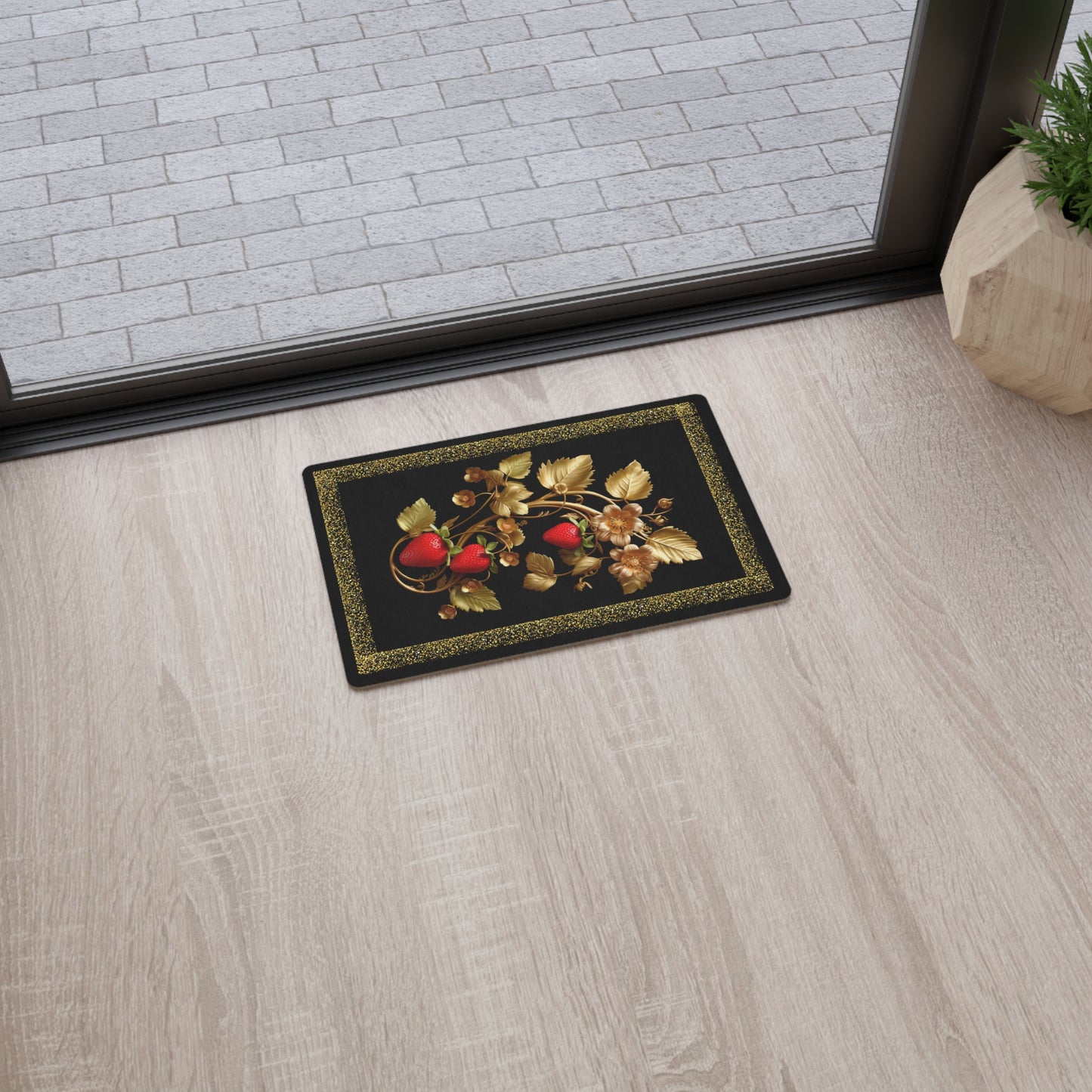 Black and Gold Floral Floor Mat