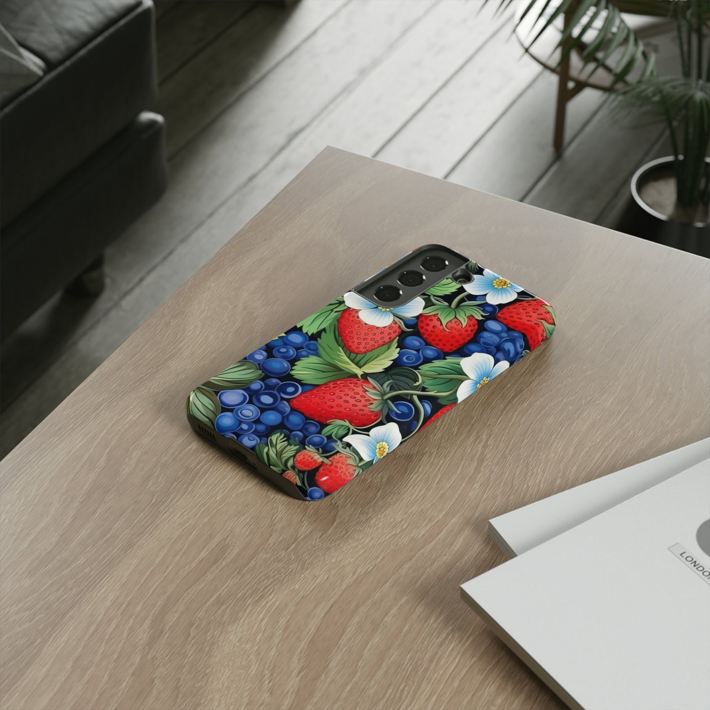 Strawberries and Blueberries on Black phone case