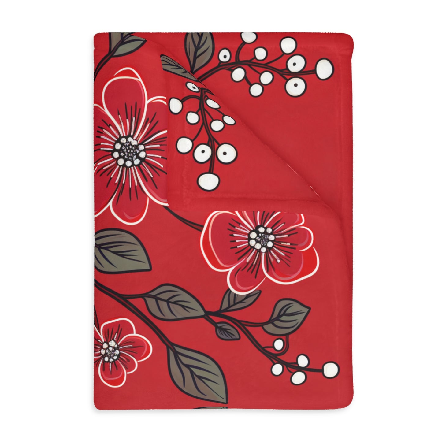 Red Floral Velveteen Minky Blanket (Two-sided print)