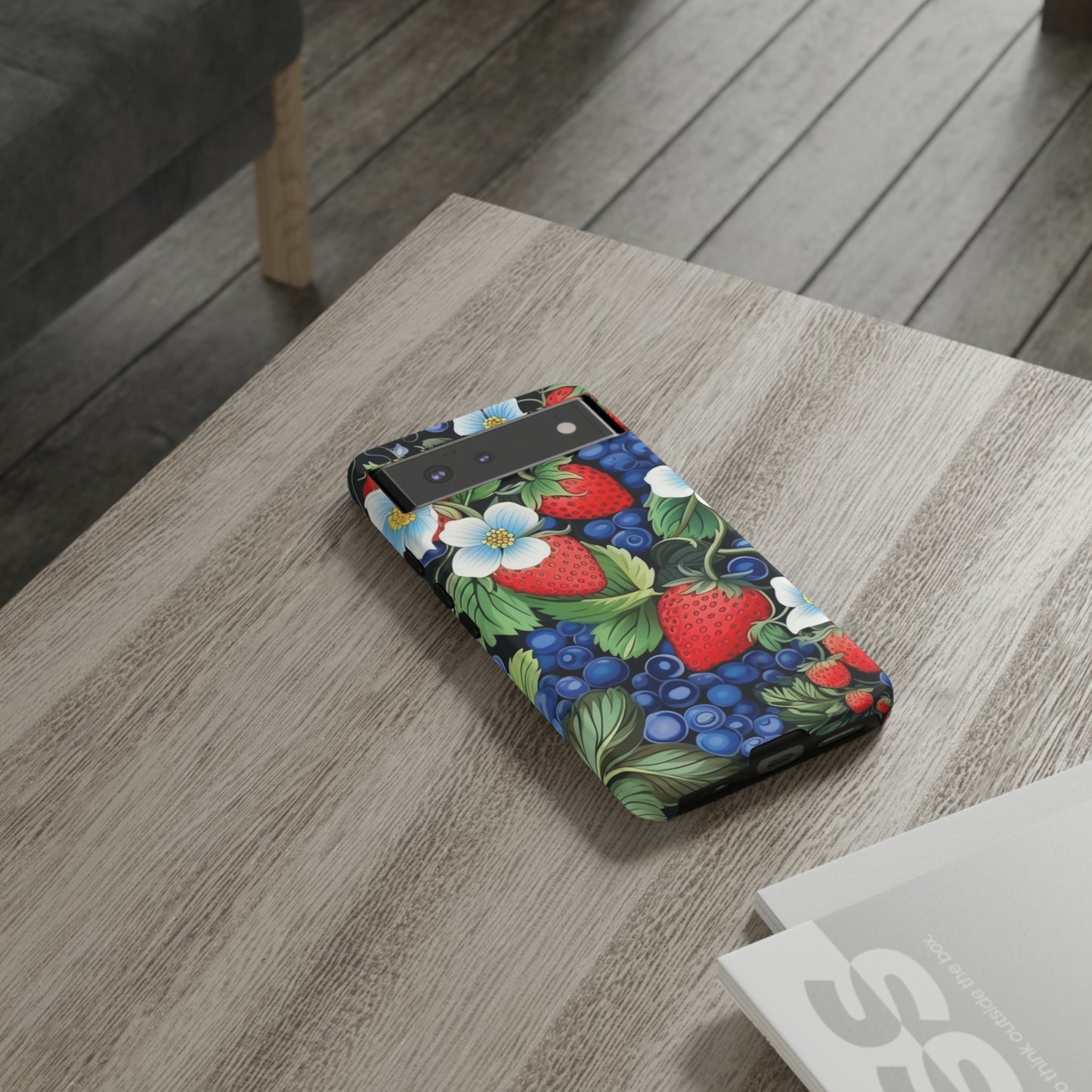 Strawberries and Blueberries on Black phone case