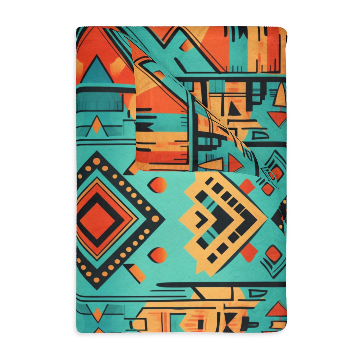 Turquoise and Orange Geometric Velveteen Minky Blanket (Two-sided print)