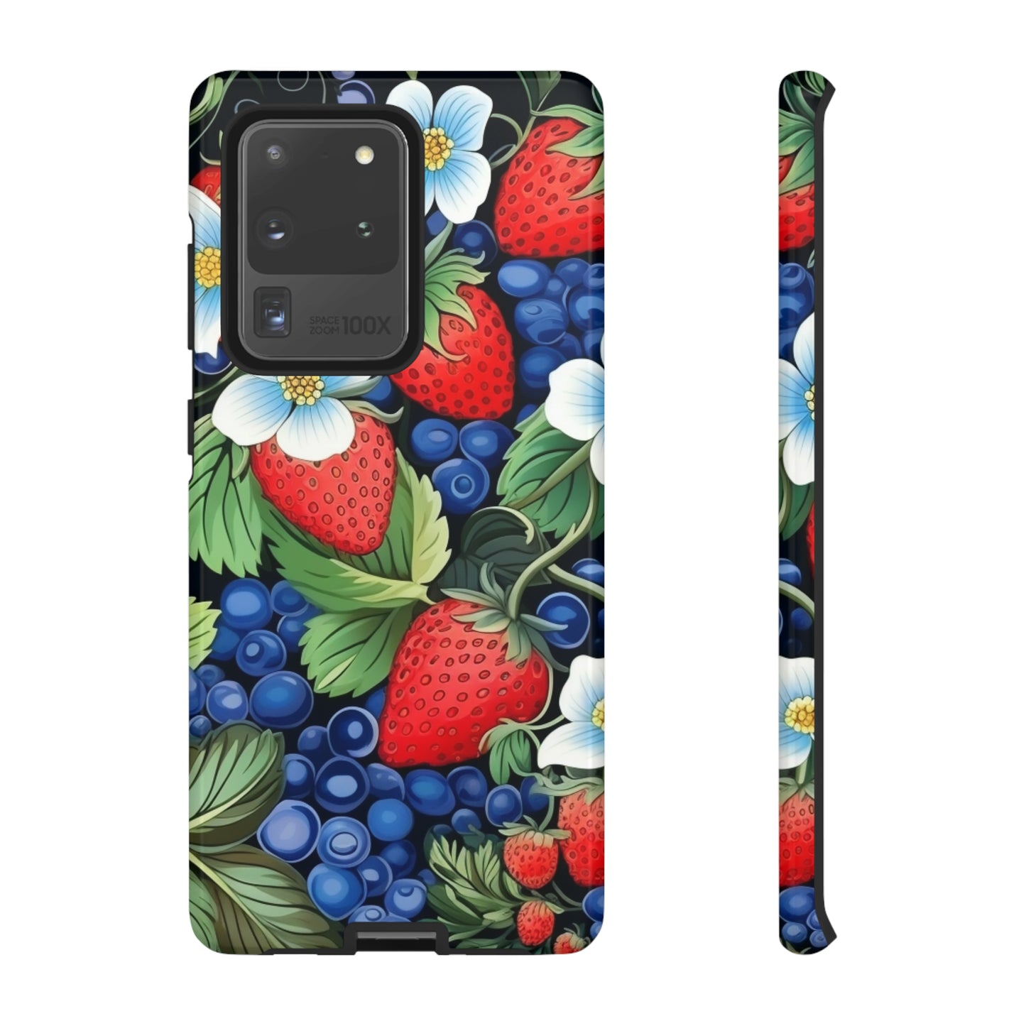 Strawberries and Blueberries on Black phone case