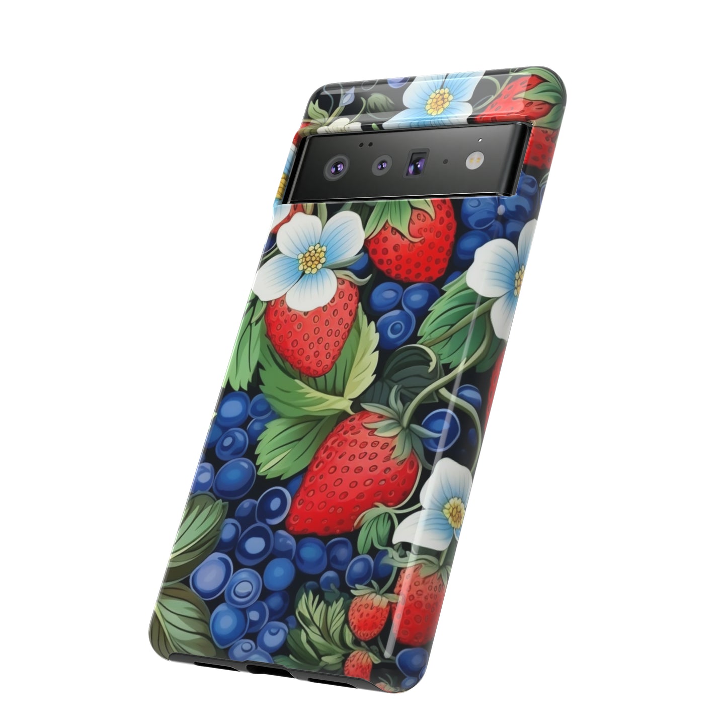 Strawberries and Blueberries on Black phone case