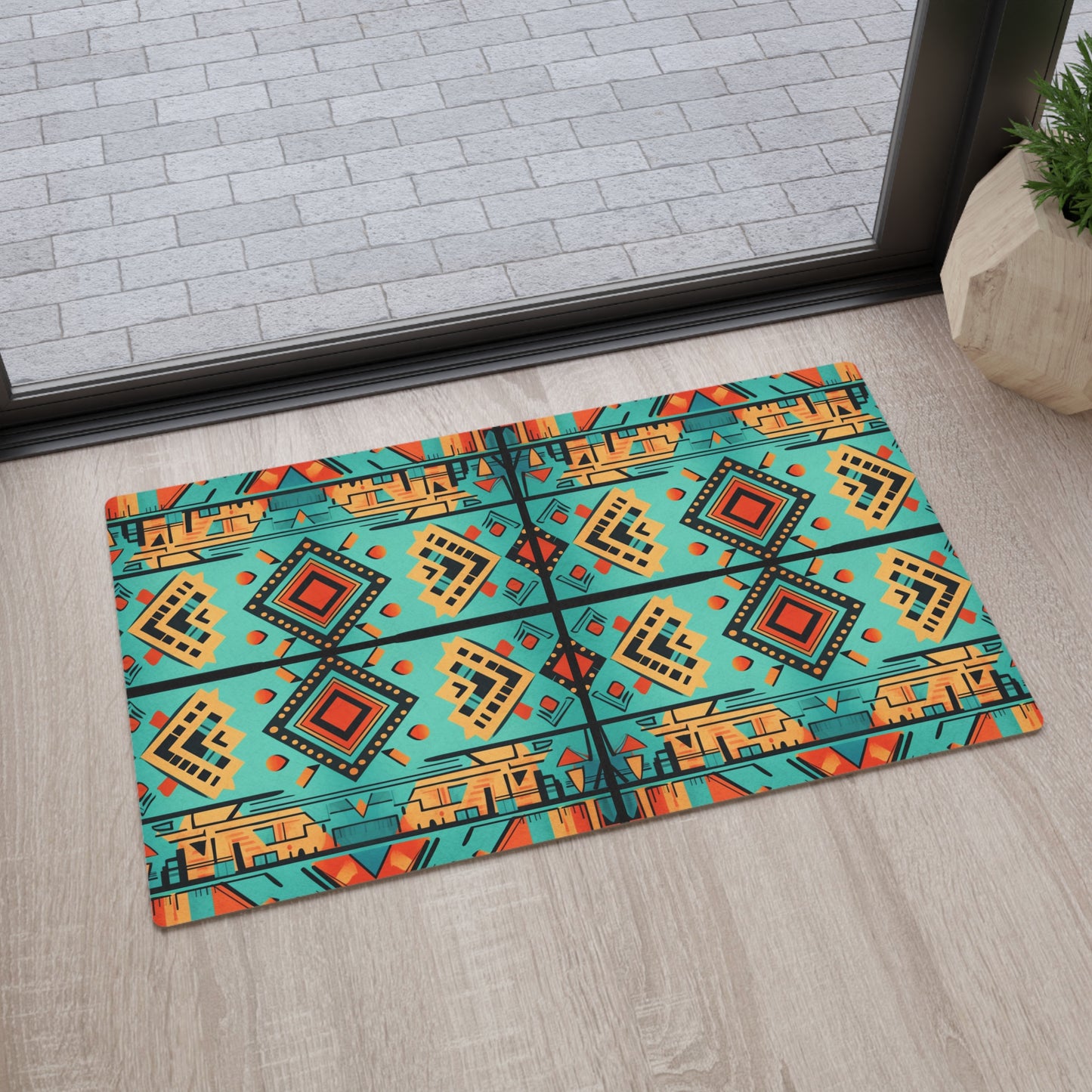 Turquoise and Orange Geometric Floor Mat