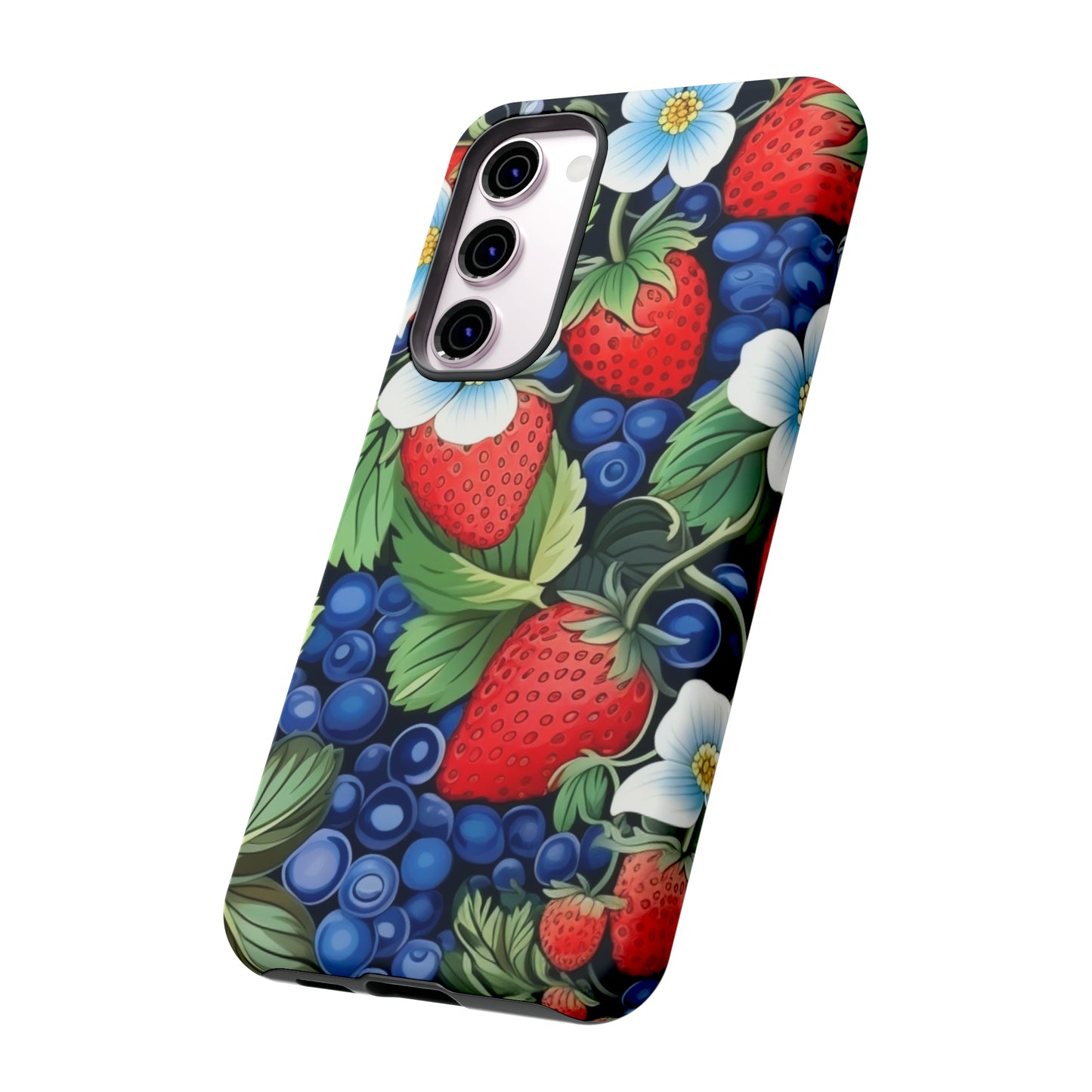 Strawberries and Blueberries on Black phone case