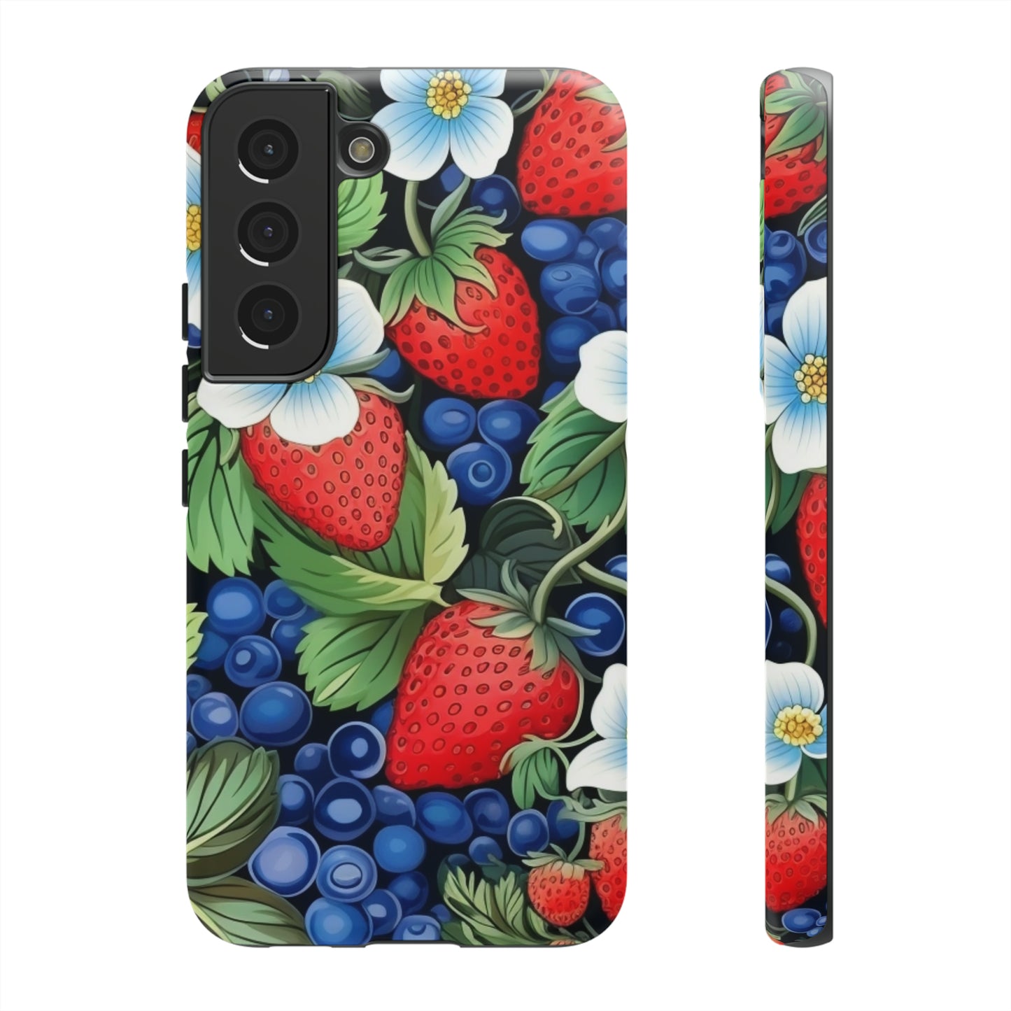 Strawberries and Blueberries on Black phone case