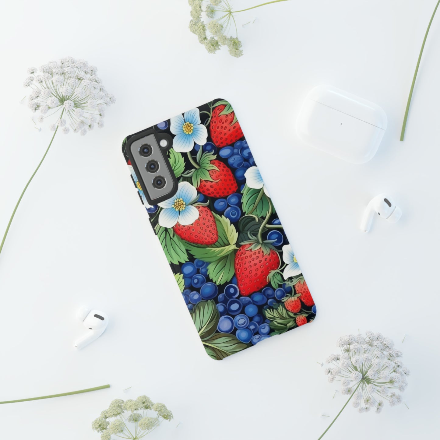 Strawberries and Blueberries on Black phone case