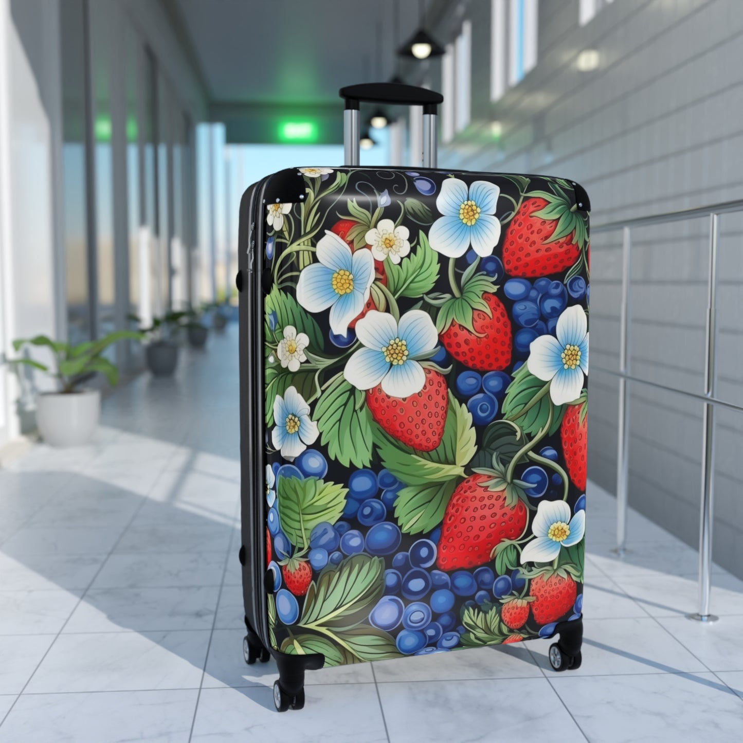 Strawberries and Blueberries on Black Suitcase