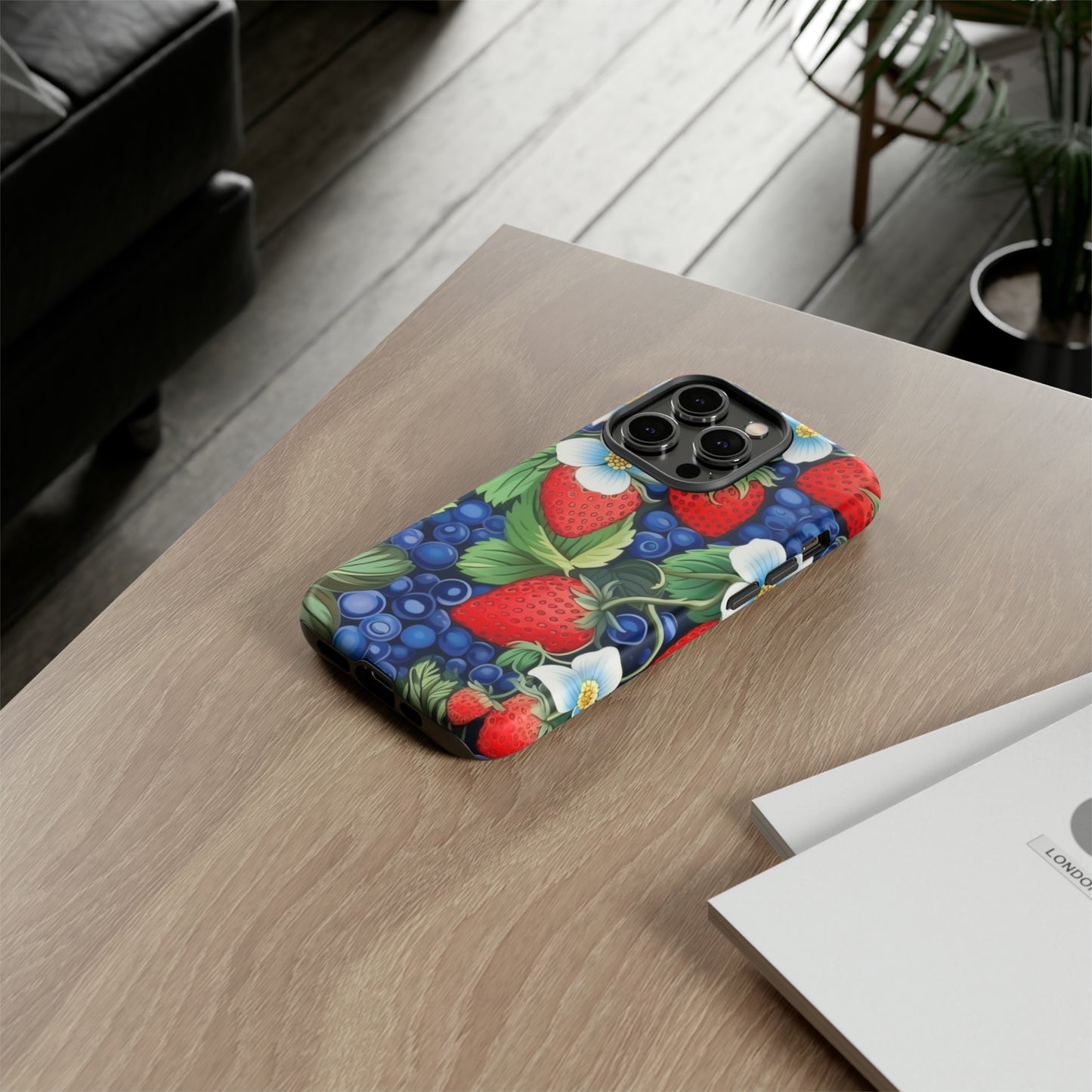 Strawberries and Blueberries on Black phone case