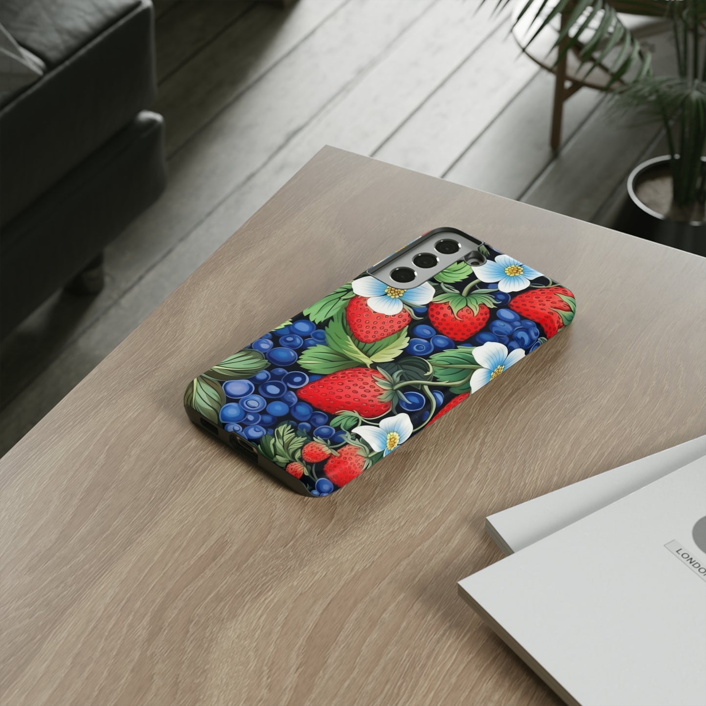 Strawberries and Blueberries on Black phone case