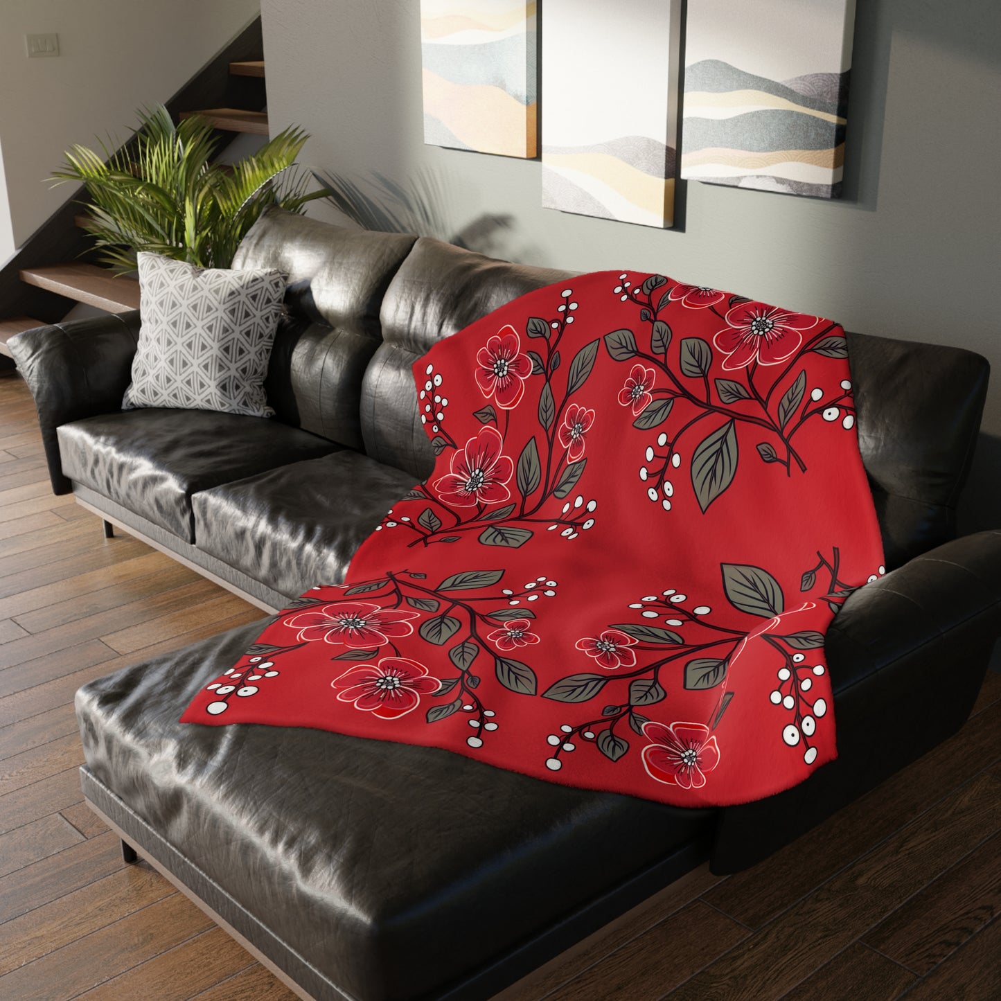 Red Floral Velveteen Minky Blanket (Two-sided print)