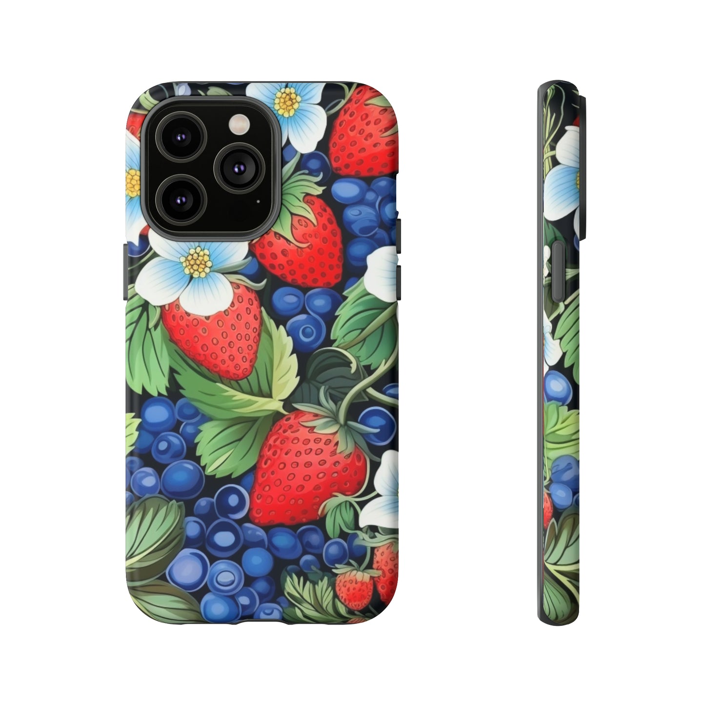 Strawberries and Blueberries on Black phone case