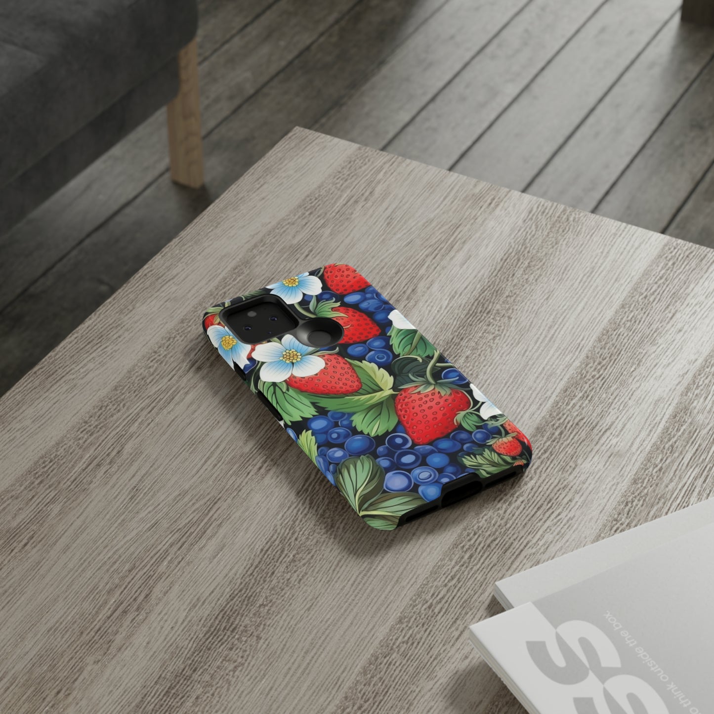 Strawberries and Blueberries on Black phone case