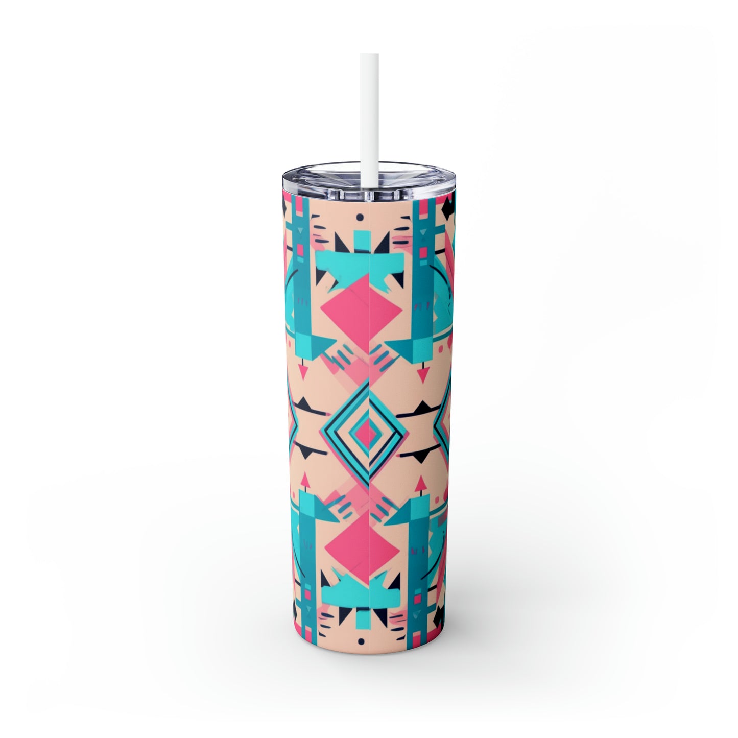 Pink and Turquoise Geometric Skinny Tumbler with Straw, 20oz