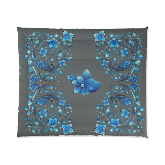 Blue and Grey Floral Comforter