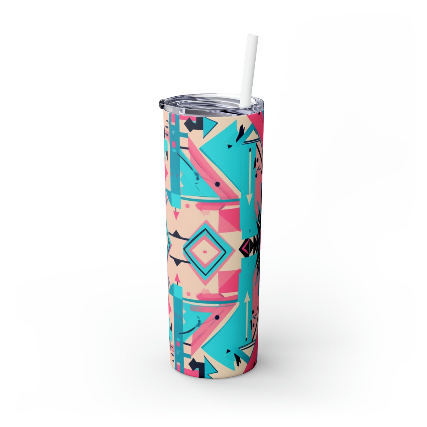 Pink and Turquoise Geometric Skinny Tumbler with Straw, 20oz