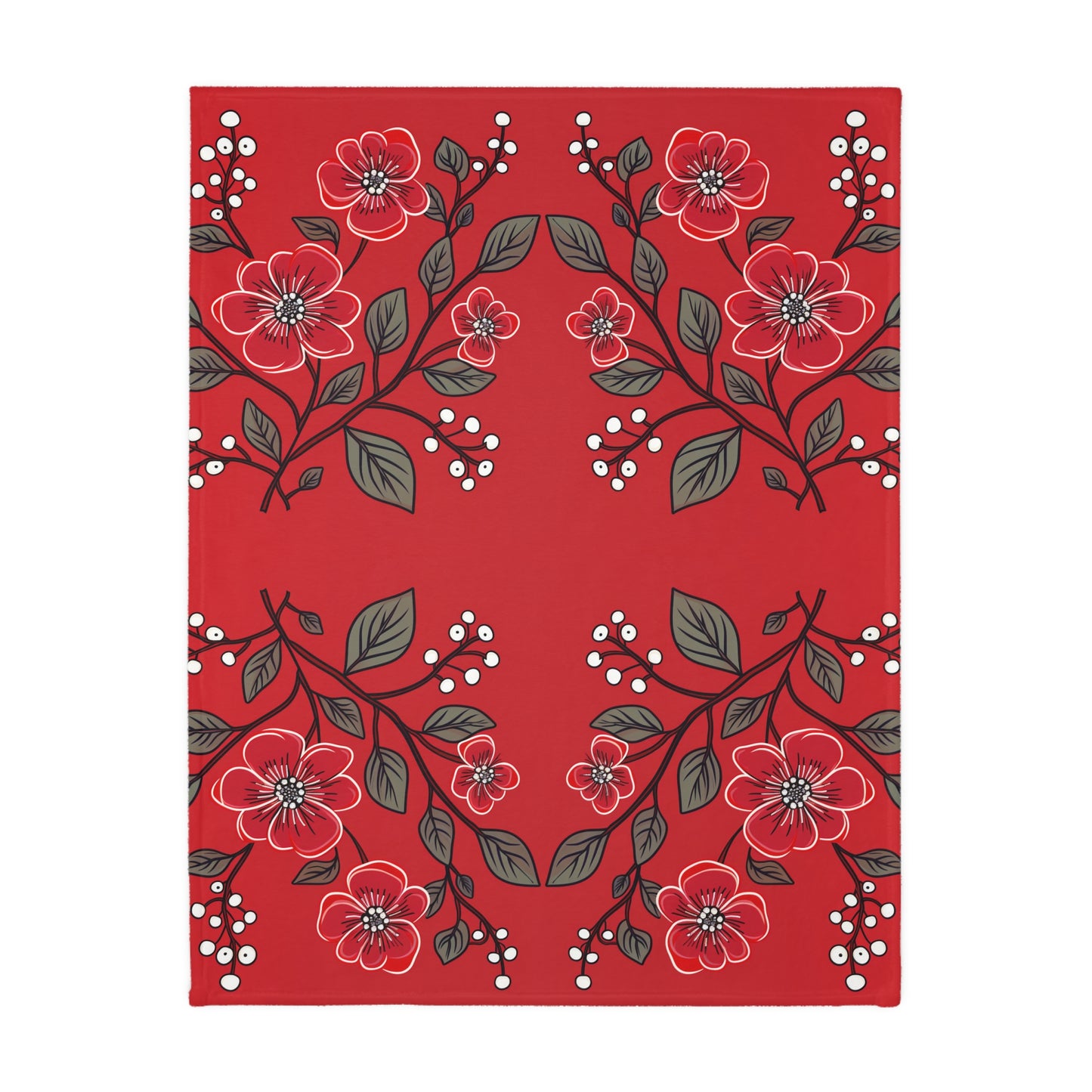 Red Floral Velveteen Minky Blanket (Two-sided print)