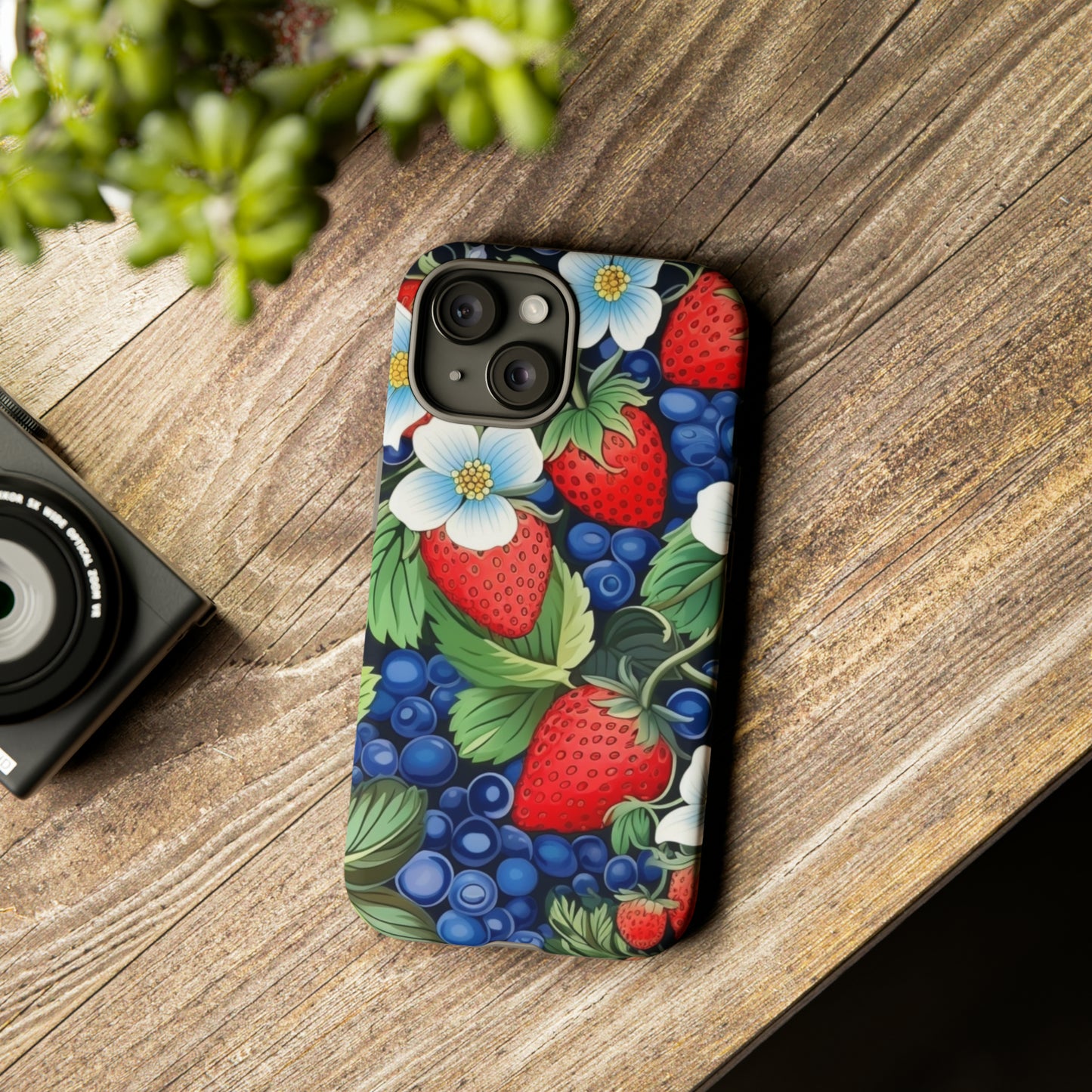 Strawberries and Blueberries on Black phone case