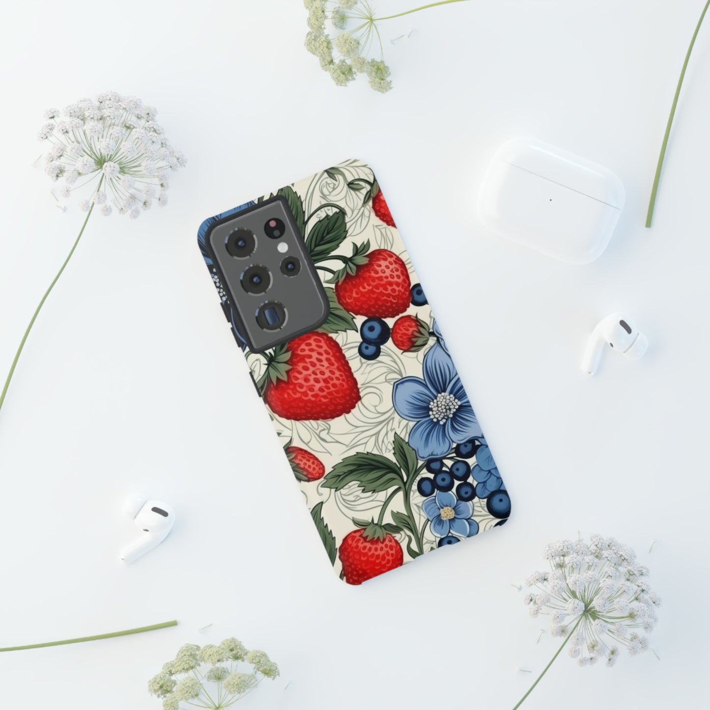 Strawberries and Blueberries on White phone case